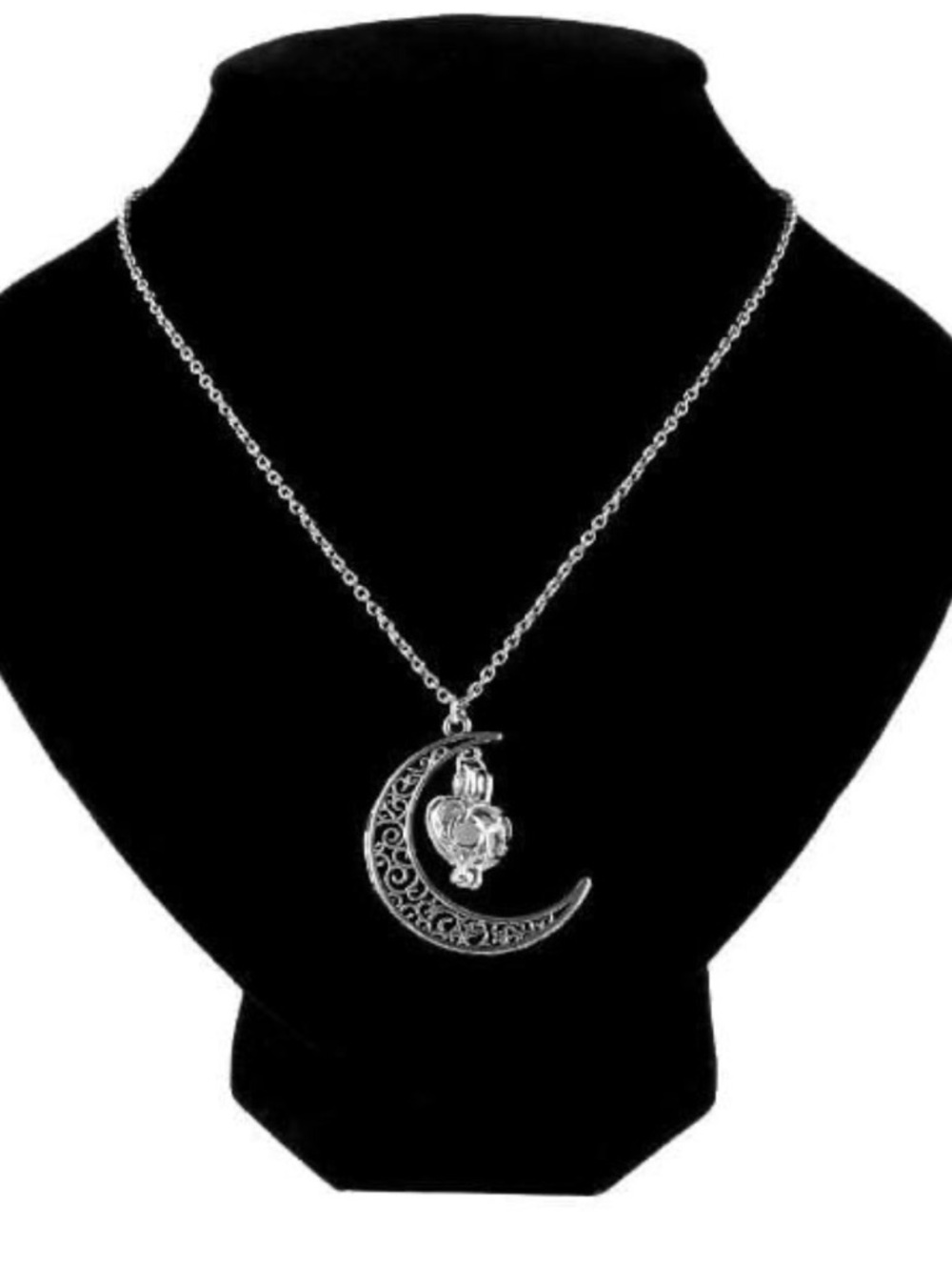 Silver Filigree Crescent Moon Necklace with Hanging Heart Locket